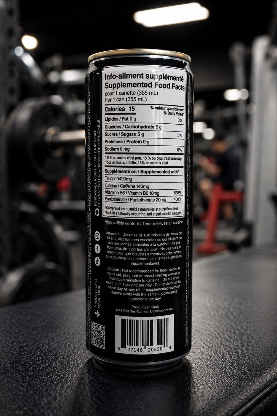 Back label of Labrute X OnOff low sugar energy drink can in a gym.