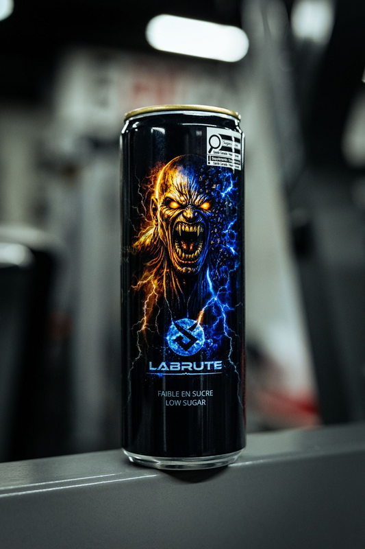 Labrute X OnOff Energy Drink low sugar energy drink can displayed in a bodybuilding gym