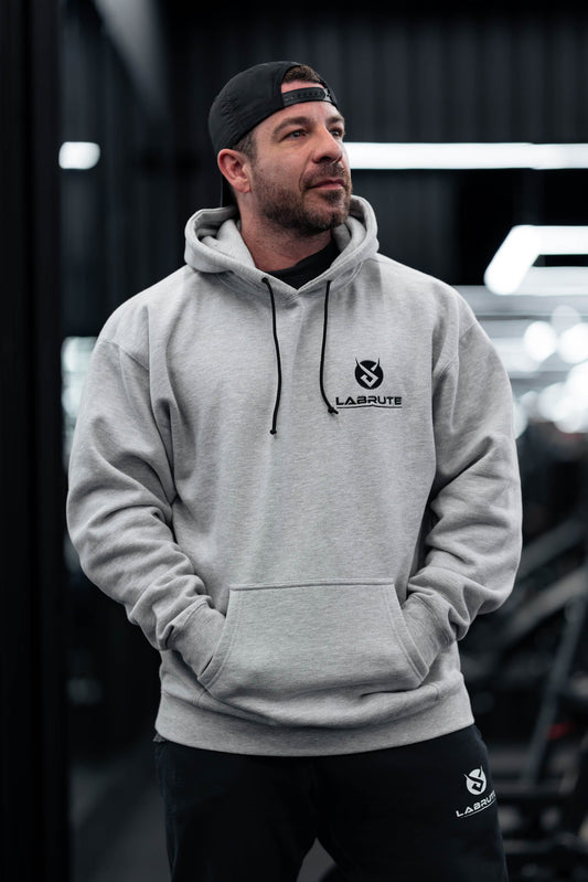 Premium sweat à capuchon gris Labrute  Graphic Power Within pour le gym ou de tous les jours, design au Canada, produit du Québec, parfait pour les bodybuilders, la musculation, power within collection, pour un fort mindset , très confortable durable doux 
 et de qualité,gray grey Labrute hoodie with black 3D embroidery for the gym or everyday, design in Canada, product from Quebec, perfect for bodybuilders, bodybuilding, power within collection, for a strong mindset, very comfortable, durable, good quality